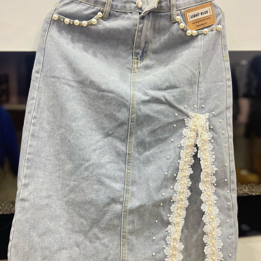 Denim Skirt with Pearl Details